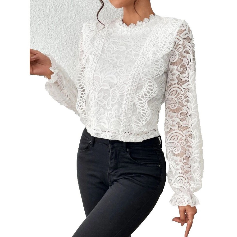 Women's White Lace Blouse Crop Top Women’s Sz S White Ruffle Boho Cottage Praire - Picture 4 of 15